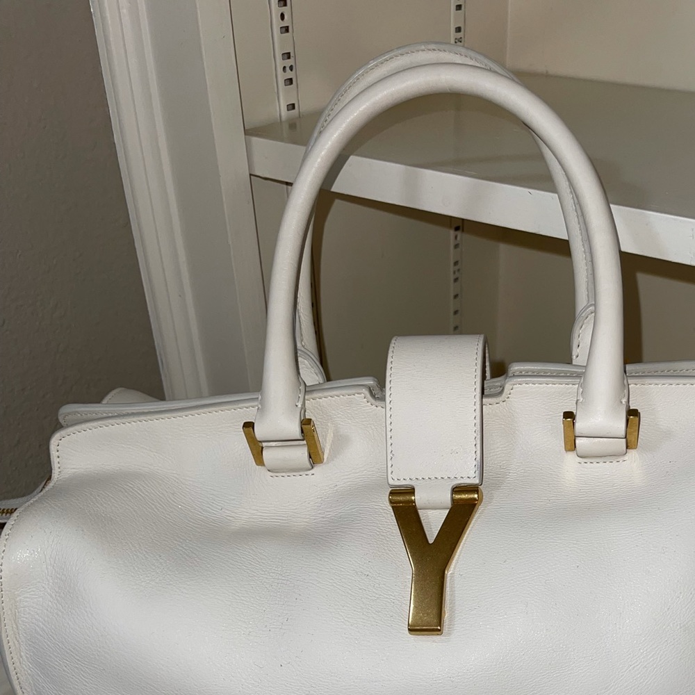 YSL white leather tote top handle bag. Authentic